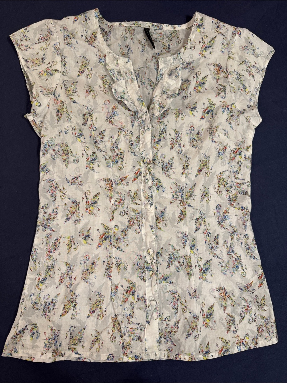 NAF NAF White Multicolor Floral Button-Down Blouse-‎ Cottagecore Summer Cool